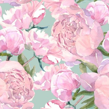 Eski püskü şık vintage peony seamless modeli, klasik çiçek tekrar arka plan web ve baskı için. Suluboya el çizimi. Doğal kozmetik, parfüm, kadın ürünleri için romantik tasarım. Olarak kullanılabilir
