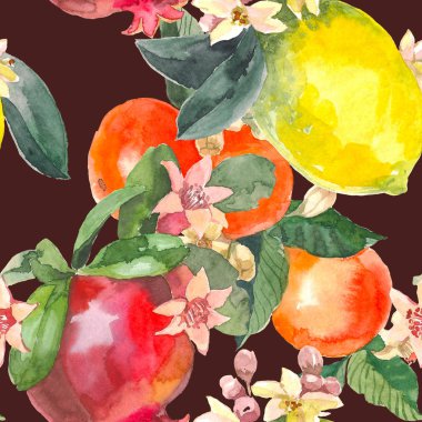 İzole elle çizilmiş portakal, nar, limon ve çiçek kroki tarzı siyah arka plan üzerine suluboya seamless modeli.