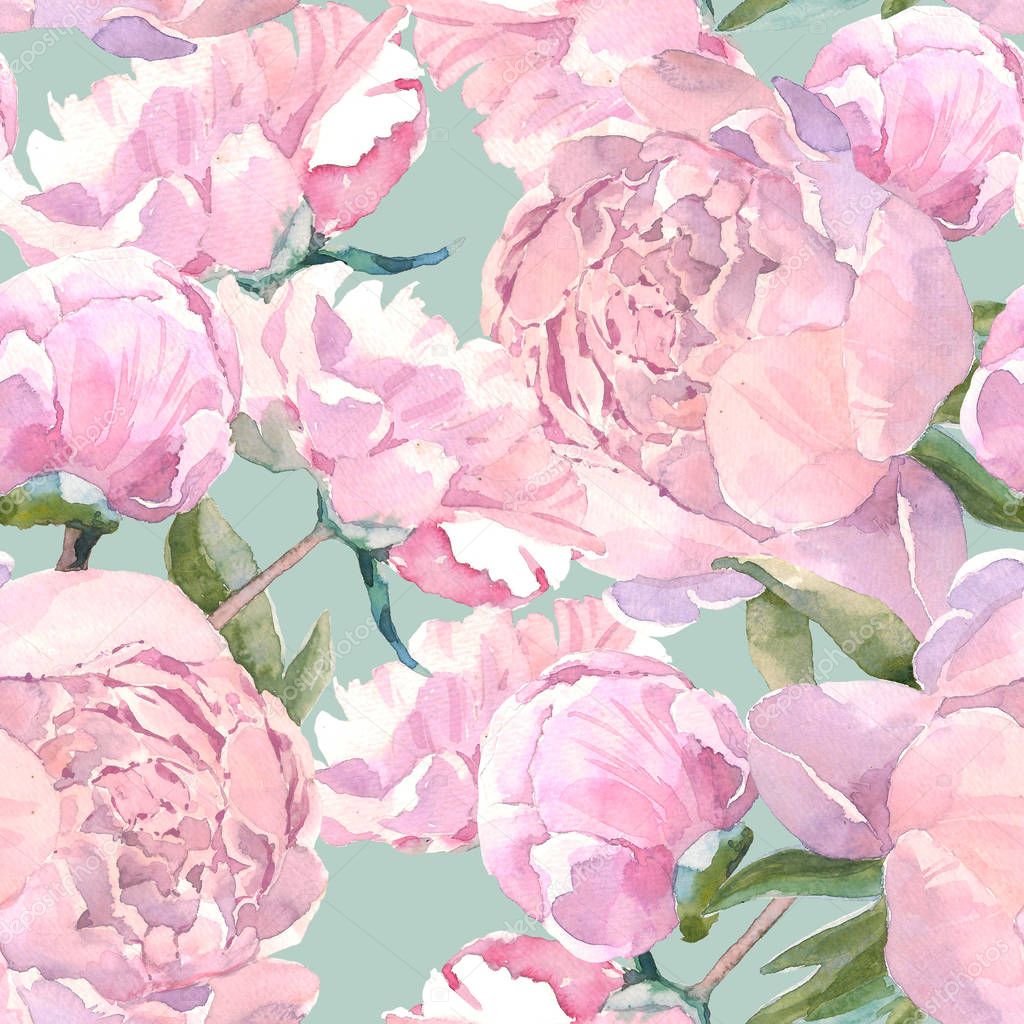 Shabby chic vintage peony seamless pattern, classic floral repeat background for web and print. Watercolor hand drawing. Romantic design for natural cosmetics, perfume, women products. Can be used as