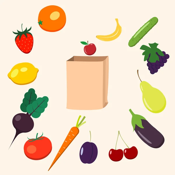 Векторна ілюстрація паперового пакету, фруктів та овочів . — стоковий вектор