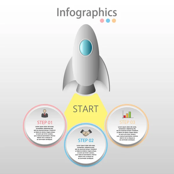 Infografías. Cohete volador. Tres pasos . — Vector de stock