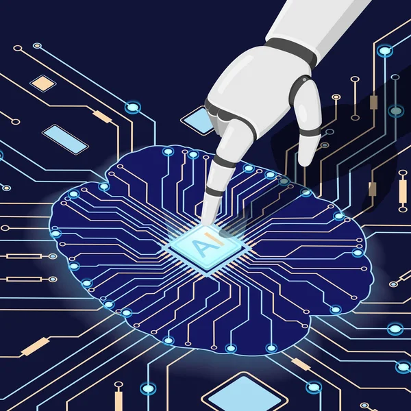Devre kartındaki yapay zeka mikroişlemcisi. Robotun eli işlemciye dokunur..