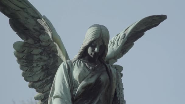 Oude grafsteen uit de 20e eeuw met een engel op een zonnige lentedag. Defocus van angel. 4k in Slog3. Close-up. — Stockvideo