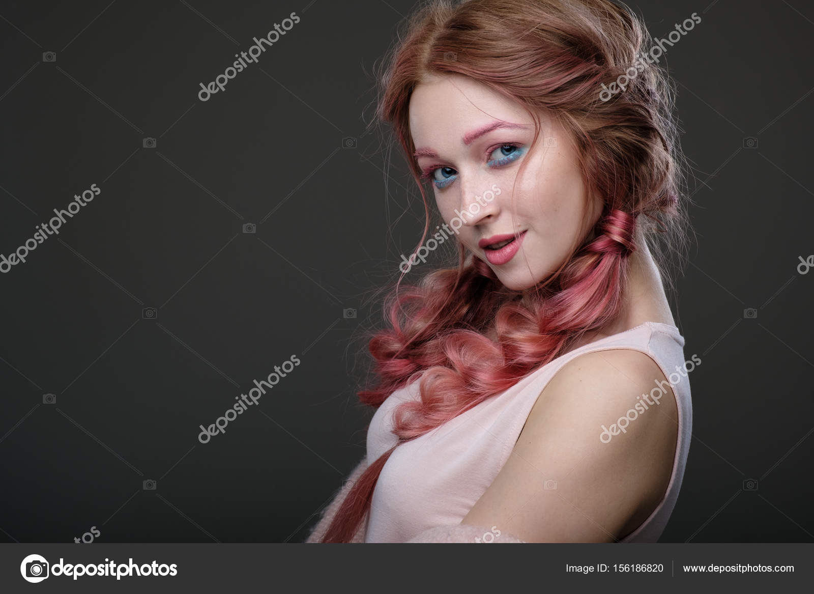 Close Up Portrait Of Girl With Pink Hair In Braids Pink And Blue