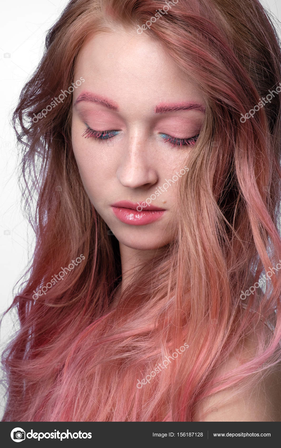 Close Up Portrait Of Beautiful Girl With Pink Hair And Pink Blue