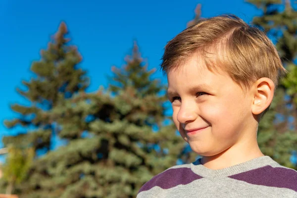 Ritratto di un ragazzo per strada, che guarda di lato contro un cielo blu e alberi di Natale verdi . — Foto Stock