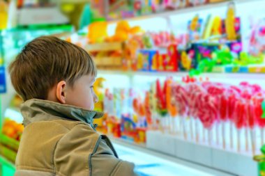 Küçük bir çocuk tezgaha bakıyor. Tatlı ve arzuyla.