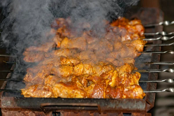 Καπνός από καυσόξυλα για μαγείρεμα τηγανισμένου κρέατος σε σουβλάκια. — Φωτογραφία Αρχείου