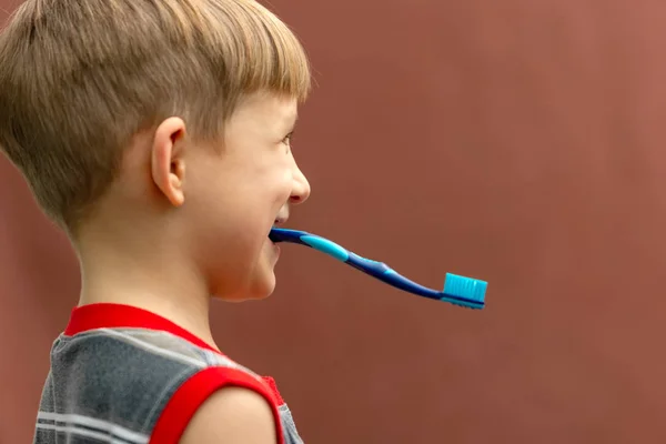 Мальчик держит зубную щетку в зубах с обратной стороны . — стоковое фото