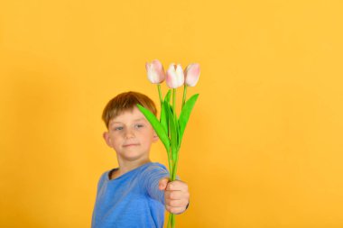Çocuk elinde bir buket lale tutuyor. 8 Mart 'ta kadınlar ve kızları tebrik ettiği için. Sarı arka planda çiçekleri olan bir çocuk..