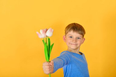 Çocuk elinde bir buket lale tutuyor. 8 Mart 'ta kadınlar ve kızları tebrik ettiği için. Sarı arka planda çiçekleri olan bir çocuk..
