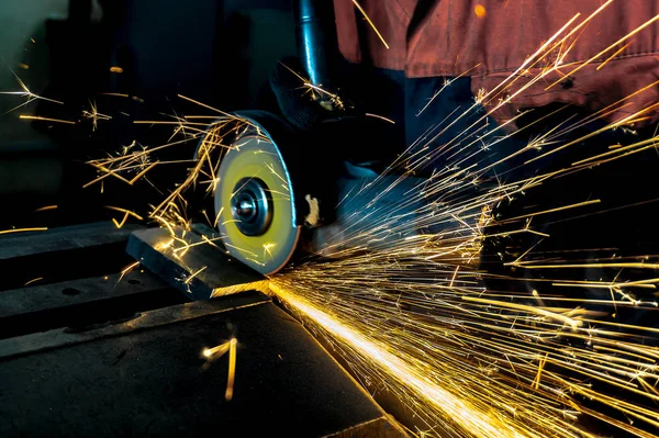 Worker Cuts Part Angle Grinder Abrasive Wheel Produces Sparks Cutting — Stock Photo, Image