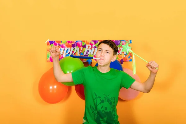 Joyful Boy Celebrates His Birthday Festive Background — Stock Photo, Image