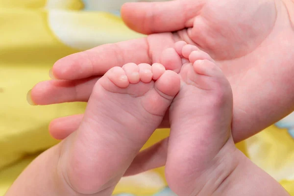 Mutter Hält Die Füße Ihres Neugeborenen Den Händen — Stockfoto