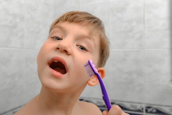 Child Shower Room Boy Holds Toothbrush His Hand — Stock Photo, Image