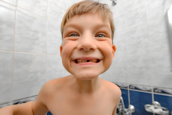 Joyful Boy Shower Room Shows His Teeth Brushing — Stock Photo, Image