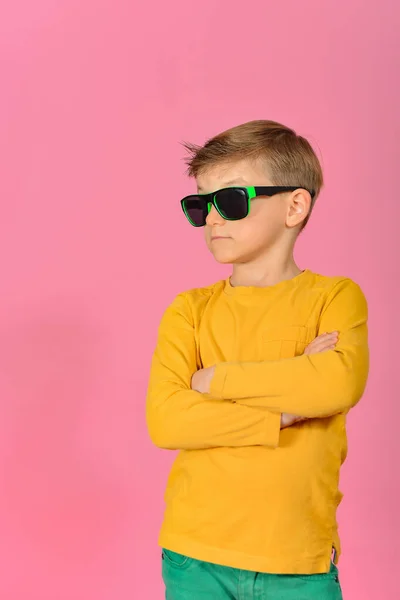 Glamorous Stylish Boy Posing Camera Model Sunglasses Yellow Clothes Studio — Stock Photo, Image