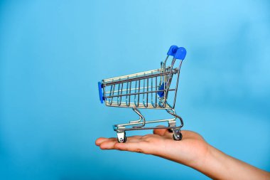 Mavi arka planda bir elin avucunda boş bir alışveriş arabası..