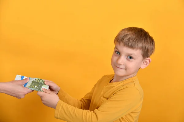 Pojke Med Ett Lyckligt Leende Tar Alla Pengar Kvinna Ger — Stockfoto