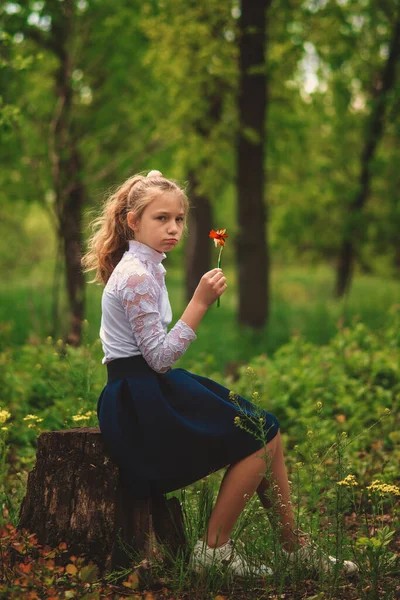 Triste Mignonne Fille Assise Dans Une Forêt Sur Moignon Avec — Photo