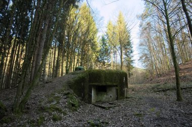Fransız Langensoultzbach, Vosges, Fransa yakınındaki harabe bunker. İkinci Dünya Savaşı Maginot Hattı bir parçası olarak daha önce inşa edilmiş