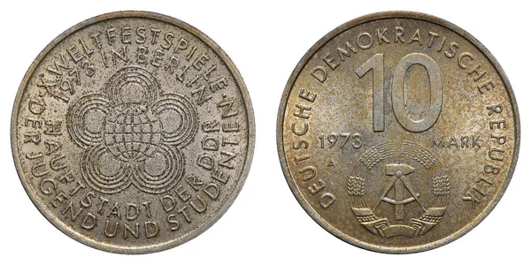 碑文 - 第 10 回世界祭の青年や学生とドイツ民主共和国の記念コイン — ストック写真