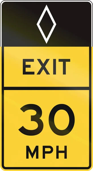 United States MUTCD road sign - Exit with advisory speed limit — Stock Photo, Image