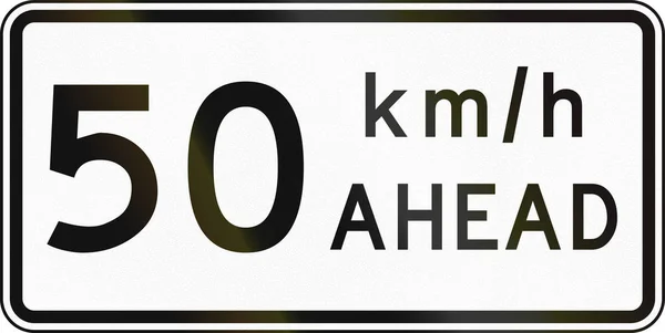Nueva Zelanda señal de tráfico: Camino trabaja límite de velocidad por delante, 50 km — Foto de Stock
