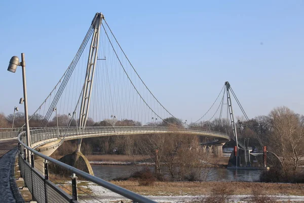 Herrenkrugsteg, Zawieszenie most dla pieszych i rowerzystów w mieście Magdeburg, Niemcy — Zdjęcie stockowe