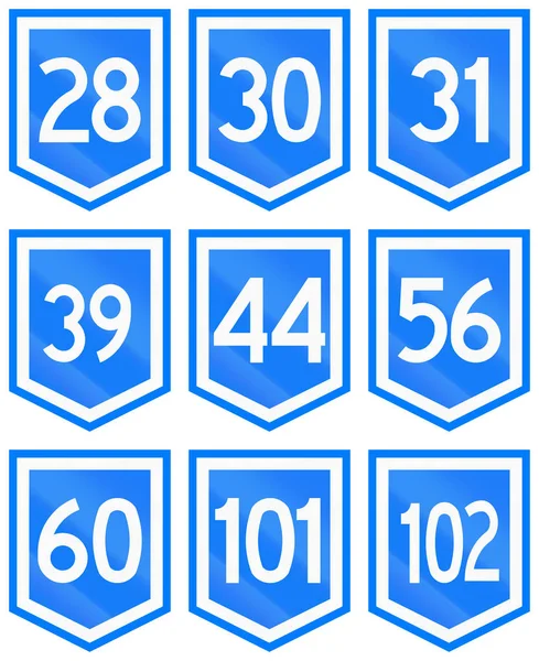 Collection of 9 Uruguayan numbered highway shields — Stock Photo, Image