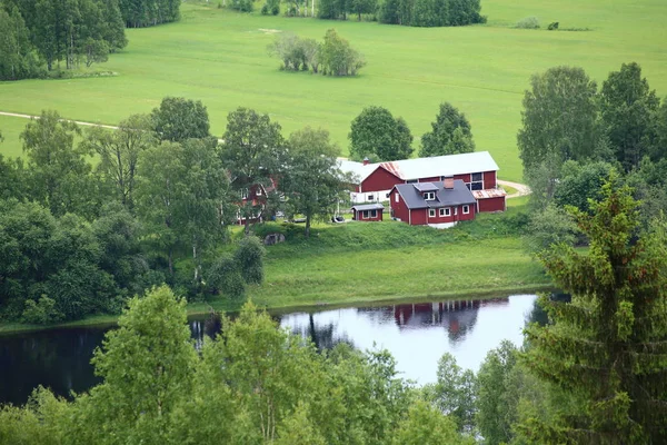 Zweedse huizen in de buurt van Branaes in Vaermland, Zweden. De rivier Klaraelven kan worden gezien — Stockfoto