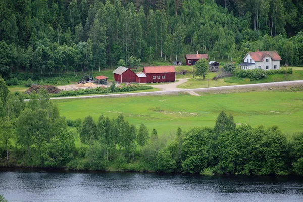 Zweedse huizen in de buurt van Branaes in Vaermland, Zweden. De rivier Klaraelven kan worden gezien — Stockfoto