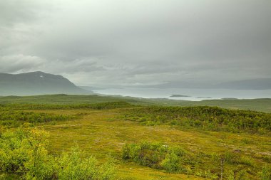 İsveç, Abisko yakınlarındaki Nuolja Dağı ve Tornetrask Gölü 'ndeki tepedeki çeltik tarlasından görüntü.