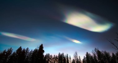 Nacreous clouds in dusk over tree silhouettes. clipart