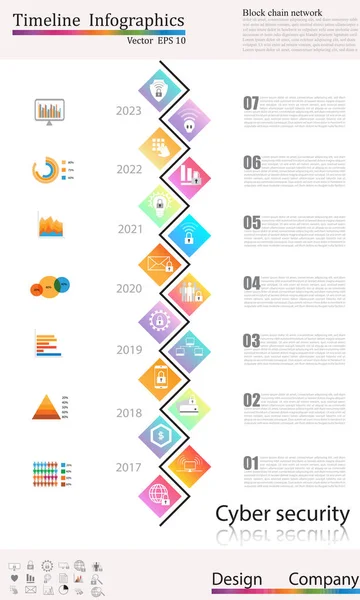 Infographie de chronologie, bannière de chronologie de style commercial, conception Web, infographie de chronologie, concept de cybersécurité, jeu d'icônes — Image vectorielle