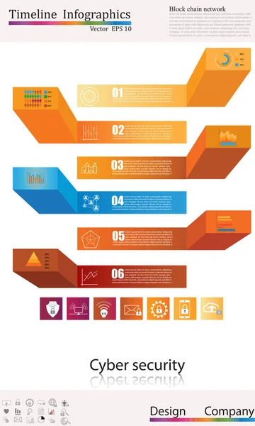 Infographie de chronologie, bannière de chronologie de style commercial, conception Web, infographie de chronologie, concept de cybersécurité, jeu d'icônes — Image vectorielle