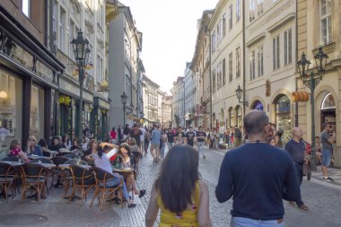 Old Town in Prague. City scape. Signs with Czech inscriptions: theatre celetne, chocotopia, jewelery, restaurant.