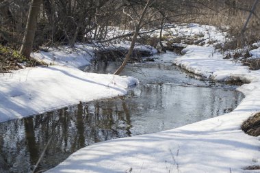 Bahar nehri buzdan kurtulur. Buz eriyor, ısınıyor. Bahar konsepti.