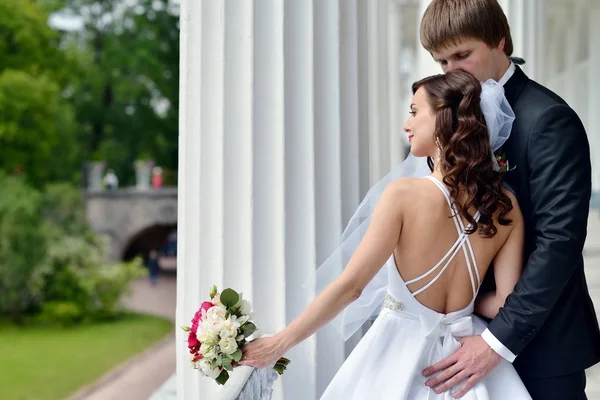 Casamento casal na natureza está abraçando uns aos outros — Fotografia de Stock