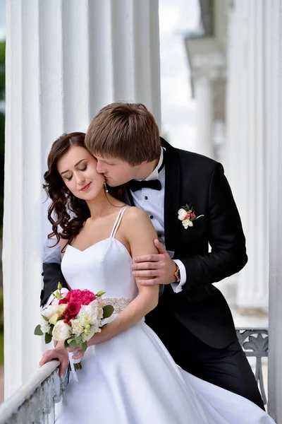 Casamento casal na natureza está abraçando uns aos outros — Fotografia de Stock