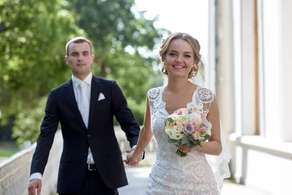 Pareja de boda en la naturaleza está caminando — Foto de Stock