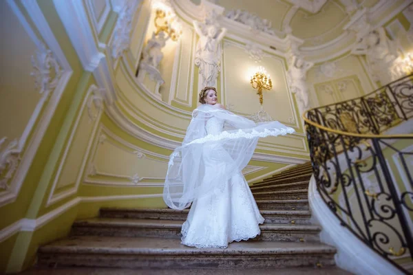 Noiva de beleza em vestido de noiva com véu de renda dentro de casa — Fotografia de Stock