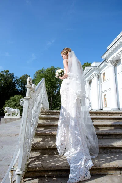 Bellezza sposa in abito da sposa con bouquet e velo di pizzo nella natura — Foto Stock