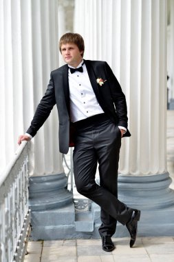 Doğada takım elbiseli yakışıklı damat