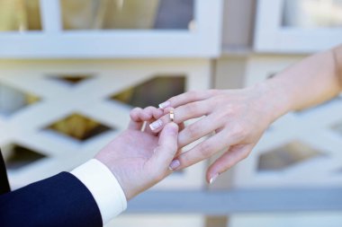 Güzellik gelin ve yakışıklı damat giyiyor birbirlerine yüzük