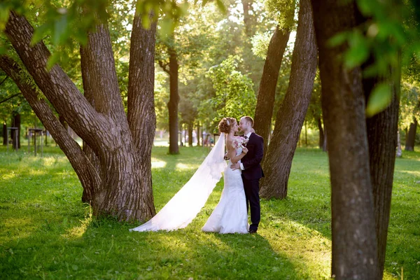 Bröllopsparet på naturen kramar varandra — Stockfoto