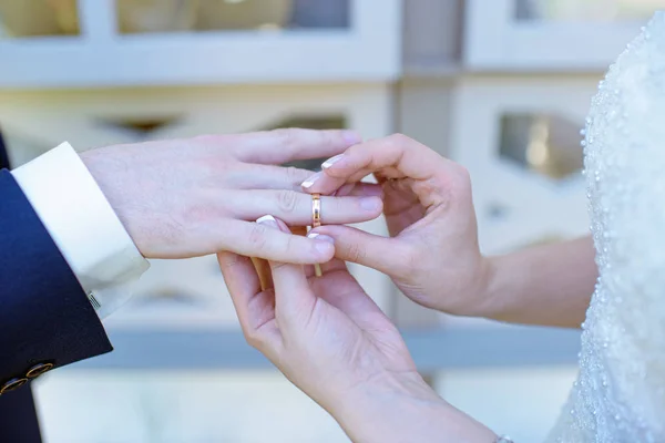 Pengantin wanita cantik dan pengantin pria tampan memakai cincin satu sama lain — Stok Foto