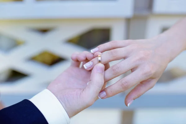 Beauty bride and handsome groom are wearing rings each other — Stock Photo, Image