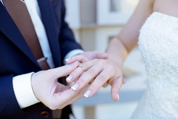 Belleza novia y novio guapo están usando anillos entre sí — Foto de Stock