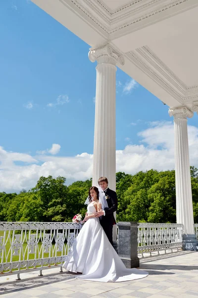 Casamento casal na natureza está abraçando uns aos outros — Fotografia de Stock